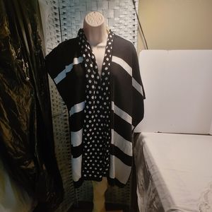 Reversible Ruana Dot Stripe Ruana Button Covering Ruana Black Shawl Sweater